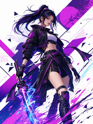 Nữ kiếm sĩ anime phong cách techwear tím đen