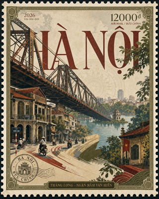 Tem bưu chính Hà Nội phong cách poster cổ điển