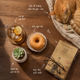 Flat lay trà đá donut và mèo ngủ