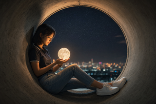 Chân dung bên trong ống bê tông với mặt trăng phát...