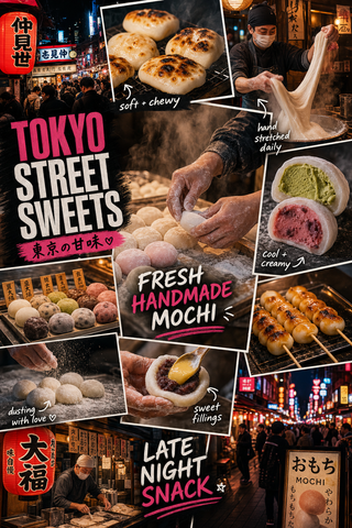 Collage mochi đường phố Tokyo