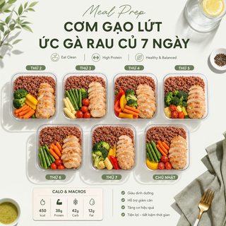 Poster meal prep cơm gạo lứt ức gà 7 ngày
