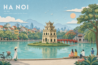 Poster Hồ Gươm và Tháp Rùa pastel