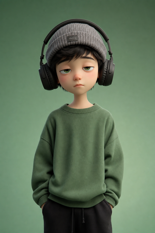 Bé trai hoạt hình 3D với tai nghe