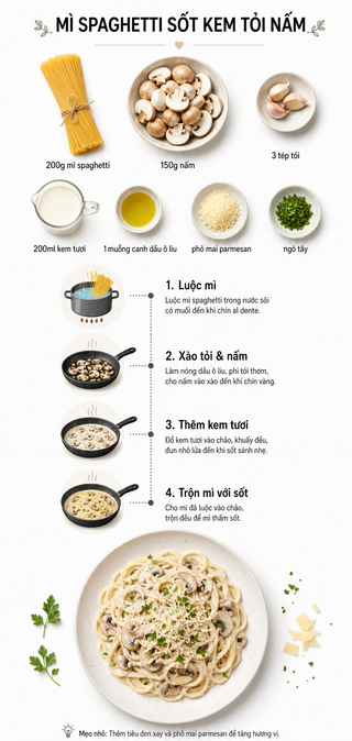 Infographic công thức spaghetti sốt kem tỏi nấm