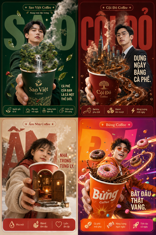 Poster quảng cáo cà phê với thế giới siêu thực