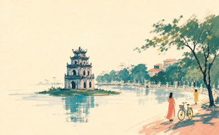 Tháp Rùa bên hồ trong tranh gouache