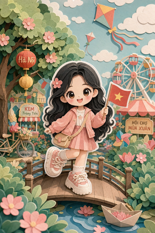 Bé gái chibi cầm cờ trong công viên giấy 3D