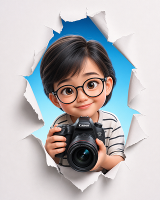 Nhân vật 3D cầm máy ảnh chui qua giấy rách