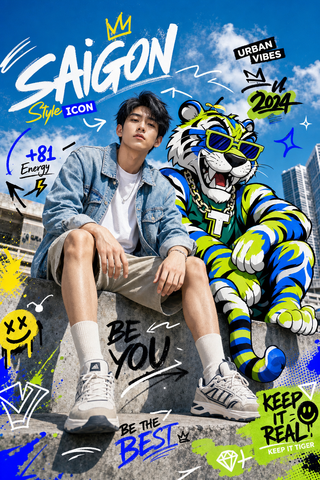 Editorial thời trang với hổ cartoon neon
