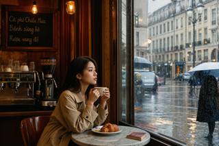 Cô gái trong quán cà phê Paris ấm áp ngày mưa