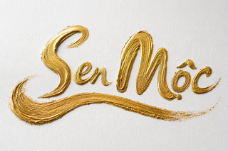 Logo Sen Mộc bằng nét cọ sơn vàng kim trên giấy