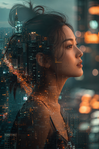 Chân dung double exposure phố đêm
