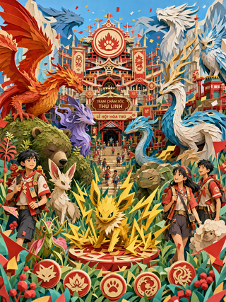Diorama giấy thế giới linh thú rực rỡ