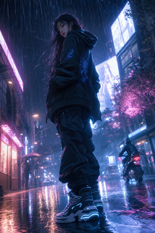 Cô gái anime dưới mưa neon phong cách cyberpunk