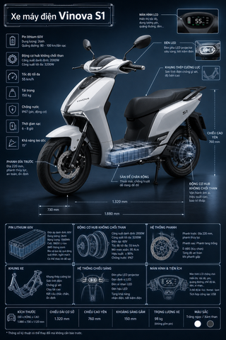Infographic kỹ thuật xe máy điện Vinova S1