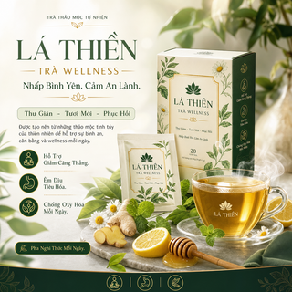Trà wellness LÁ THIỀN trong poster thảo mộc cao cấ...