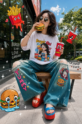 Cô gái Việt ăn burger phong cách pop-art đường phố