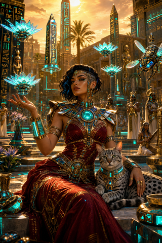 Nữ hoàng Ai Cập cyberpunk bên mèo linh thiêng