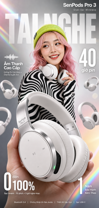 Tai nghe không dây trắng trong poster quảng cáo th...