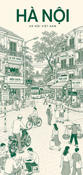 Poster line-art tối giản về Hà Nội