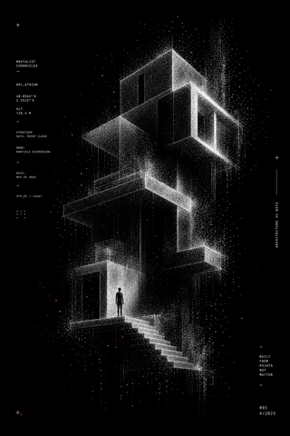 Kiến trúc point cloud trong poster đen trắng tối g...