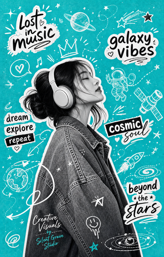 Poster nghe nhạc Y2K với cô gái và doodle vũ trụ