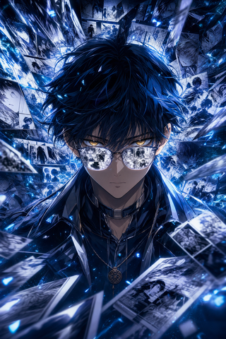 Chân dung anime nam đeo kính giữa collage manga xa...