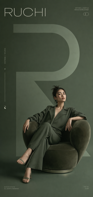 Poster thời trang Ruchi tông xanh editorial tối gi...