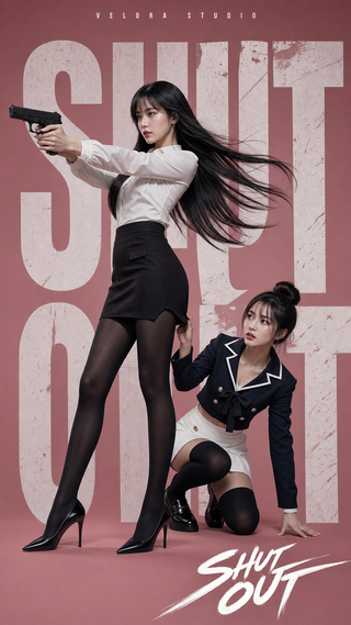 Poster nữ đặc vụ thời trang với súng trên nền hồng
