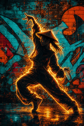 Nữ vũ công hip-hop phát sáng trước tường graffiti