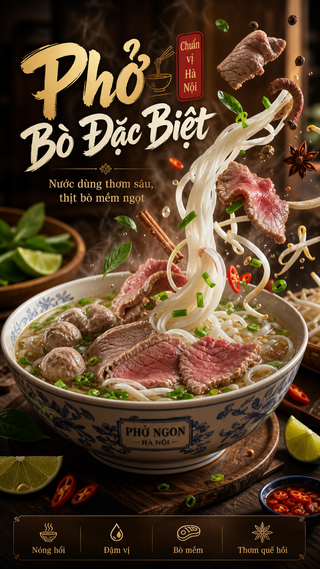 Phở bò đặc biệt poster ẩm thực Hà Nội ấm áp