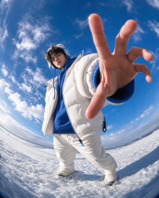 Chân dung streetwear góc fisheye giữa tuyết trắng