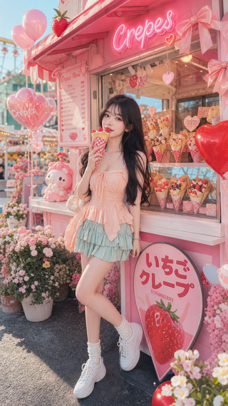 Cô gái ăn crepe trước quầy hồng phong cách kawaii