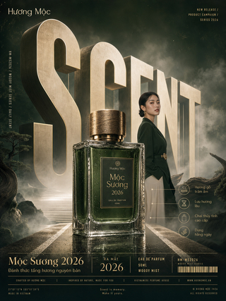 Nước hoa Mộc Sương 2026 trong poster xanh rêu