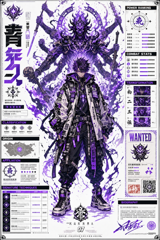 Poster nhân vật anime techwear với hộ vệ tím
