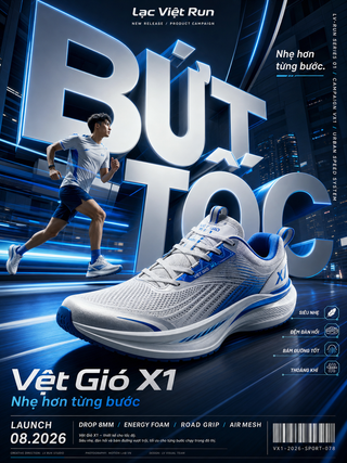 Giày chạy bộ Vệt Gió X1 trong poster xanh điện