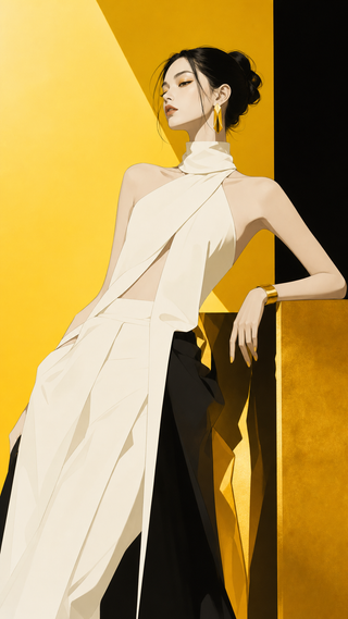 Người mẫu thời trang anime nền vàng đen tối giản