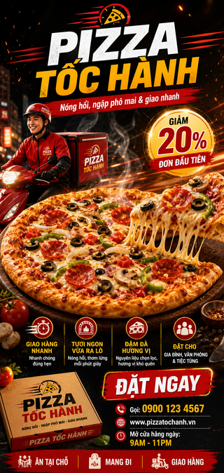 Poster giao pizza tốc hành với phô mai kéo sợi