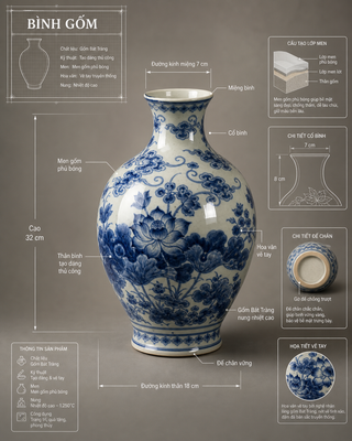 Bình gốm Bát Tràng xanh trắng dạng infographic