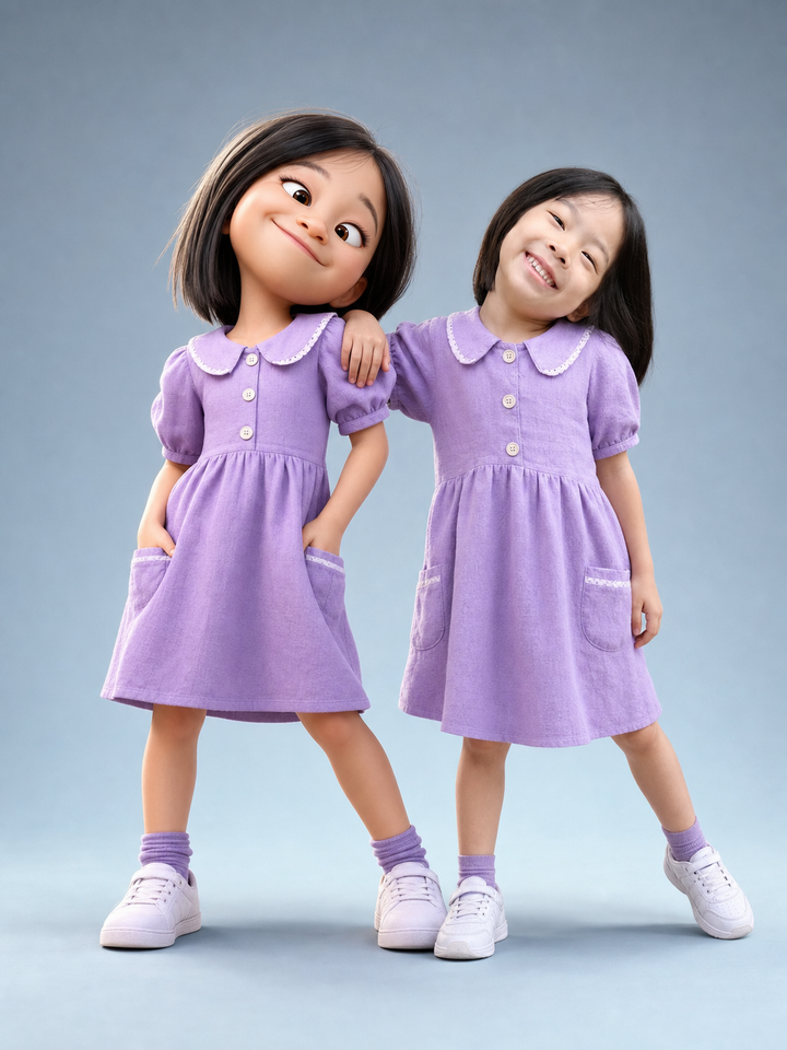 Bé gái váy tím bên nhân vật 3D phong cách Pixar