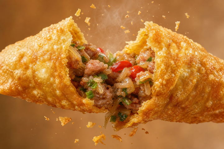 Bánh chiên nhân thịt xé mở trong ảnh macro