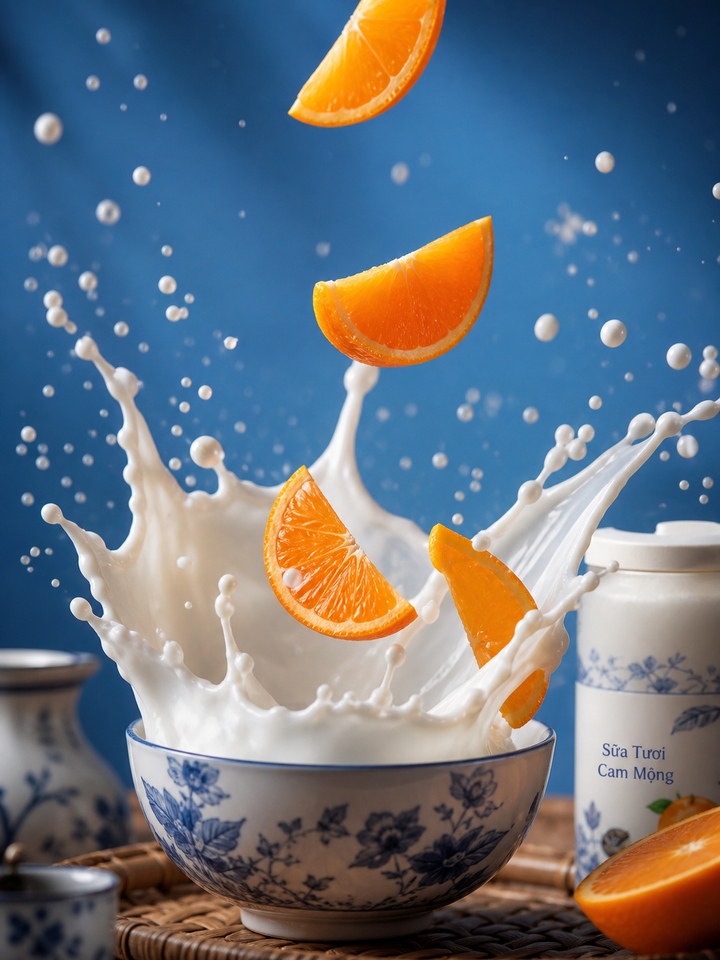 Cam rơi vào sữa tung bọt