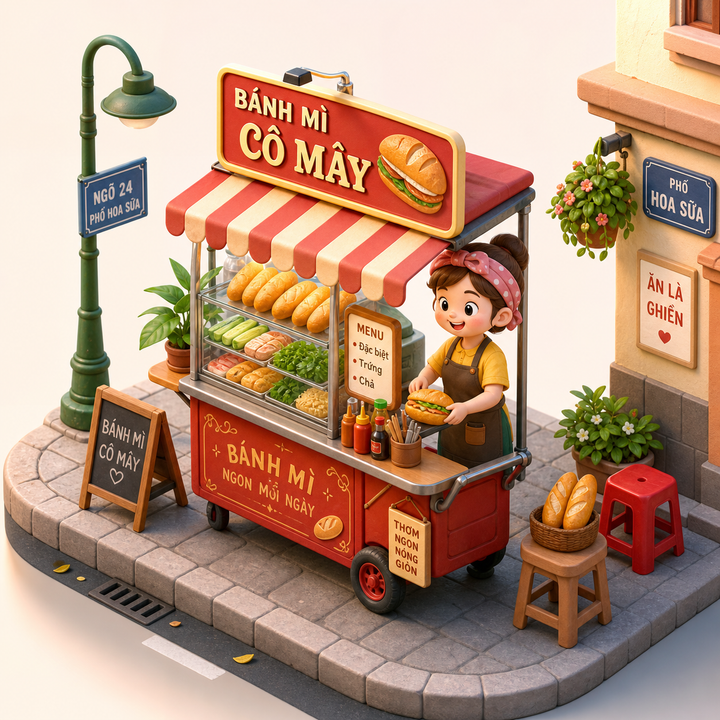 Minh họa 3D dễ thương về xe bán bánh mì Việt Nam trên góc phố, nhân vật người Vi
