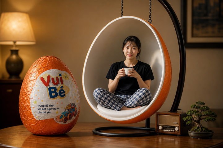 Người phụ nữ ngồi trong ghế trứng khổng lồ