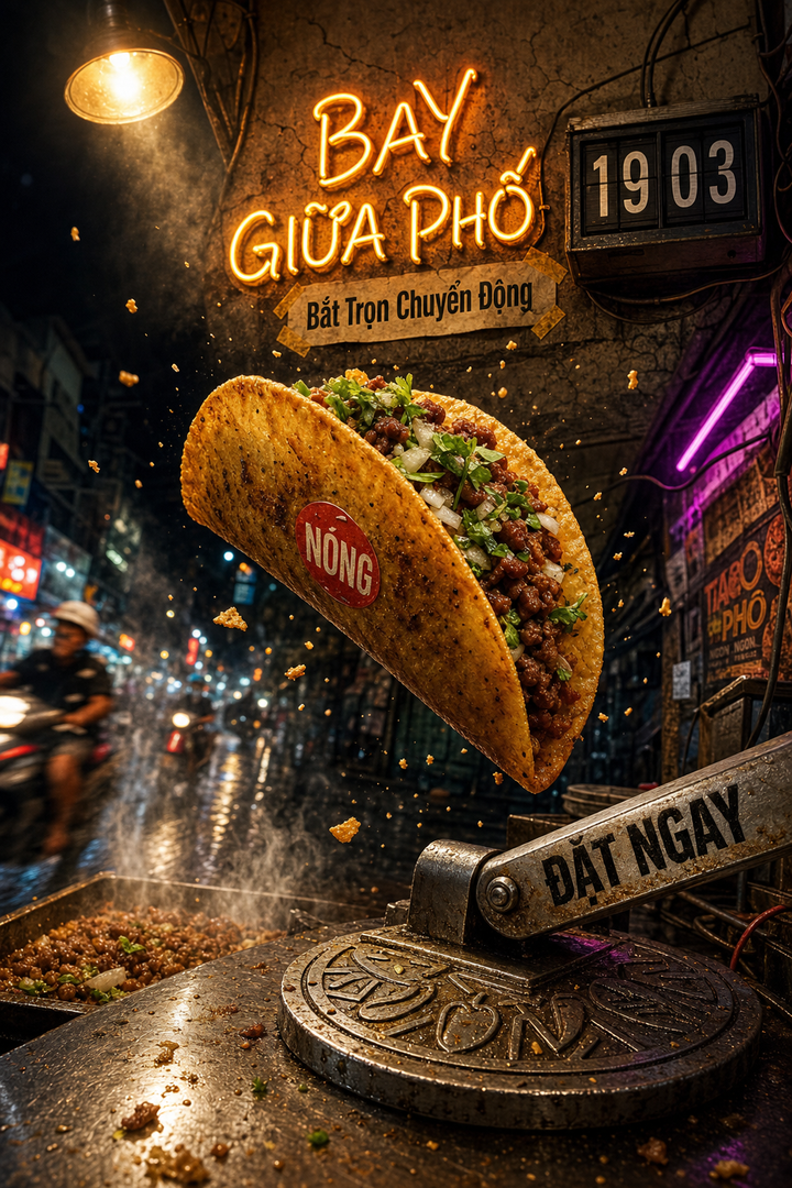 Taco bay giữa phố đêm với ánh neon điện ảnh