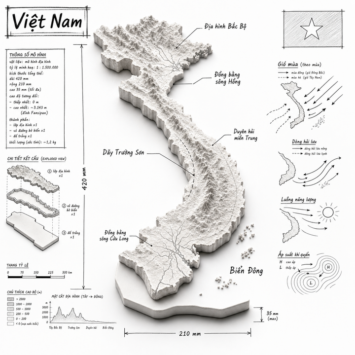 Bản đồ Việt Nam 3D kiểu infographic kỹ thuật