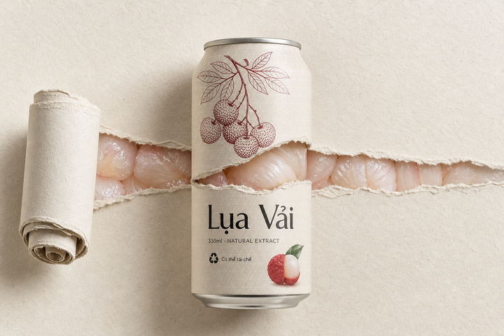 Lon soda vải thiều trên nền giấy xé