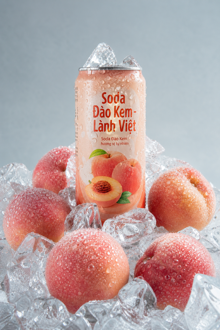 Lon soda đào kem trong studio