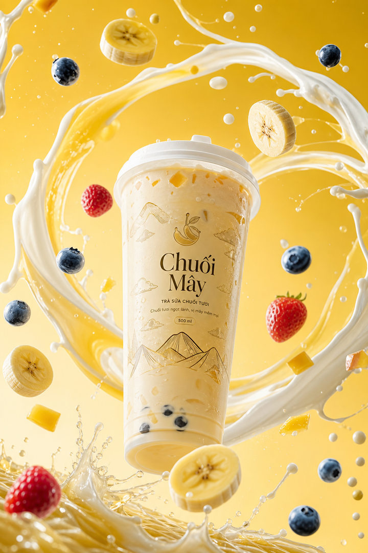 Chai sữa chuối Chuối Mây phong cách splash